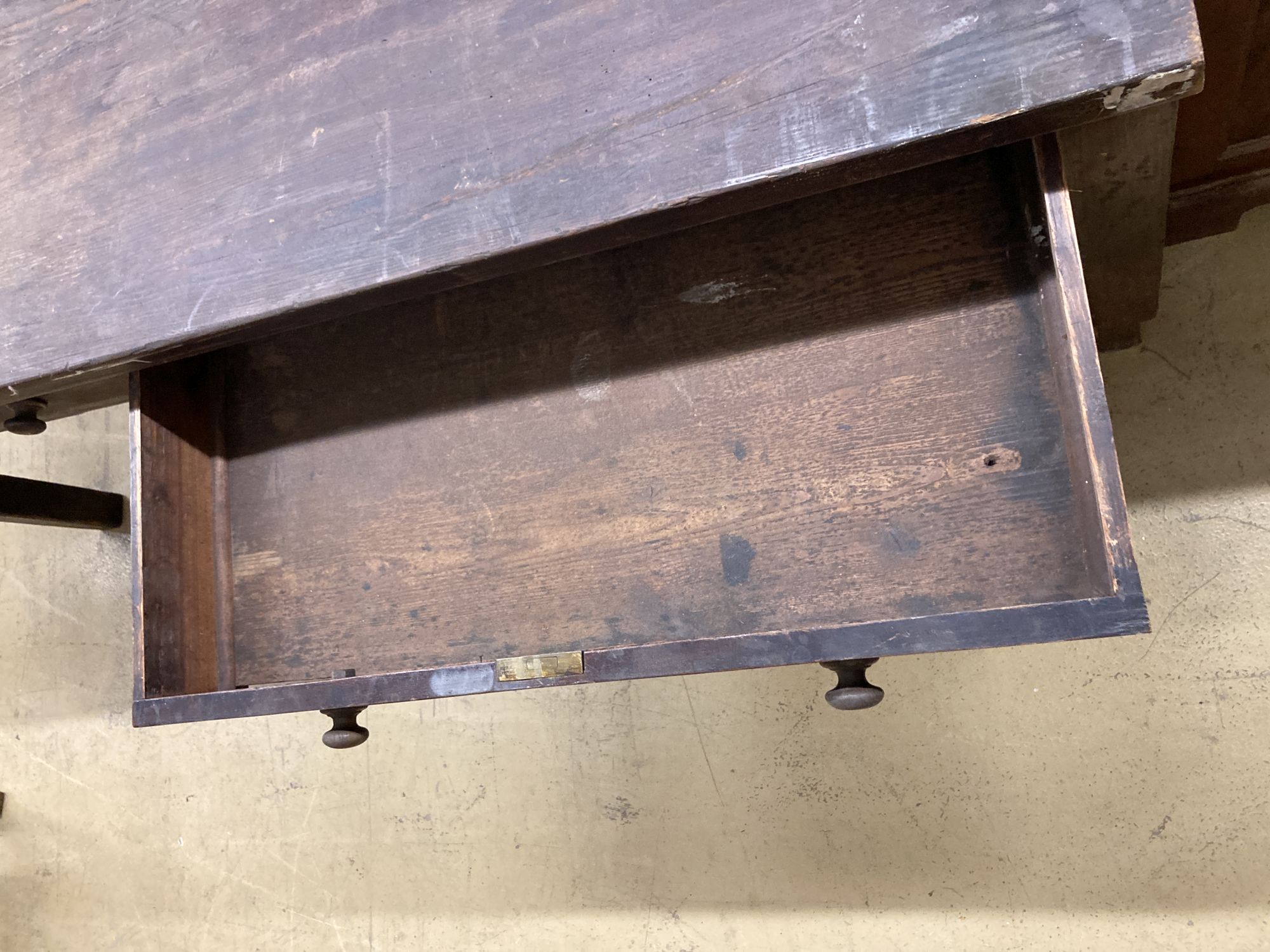 A 19th century pitch pine two drawer kitchen table, length 178cm, depth 81cm, height 76cm